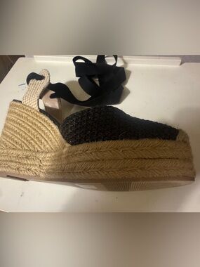 Black Woven Espadrille Platform Wedge with Ankle Ties New